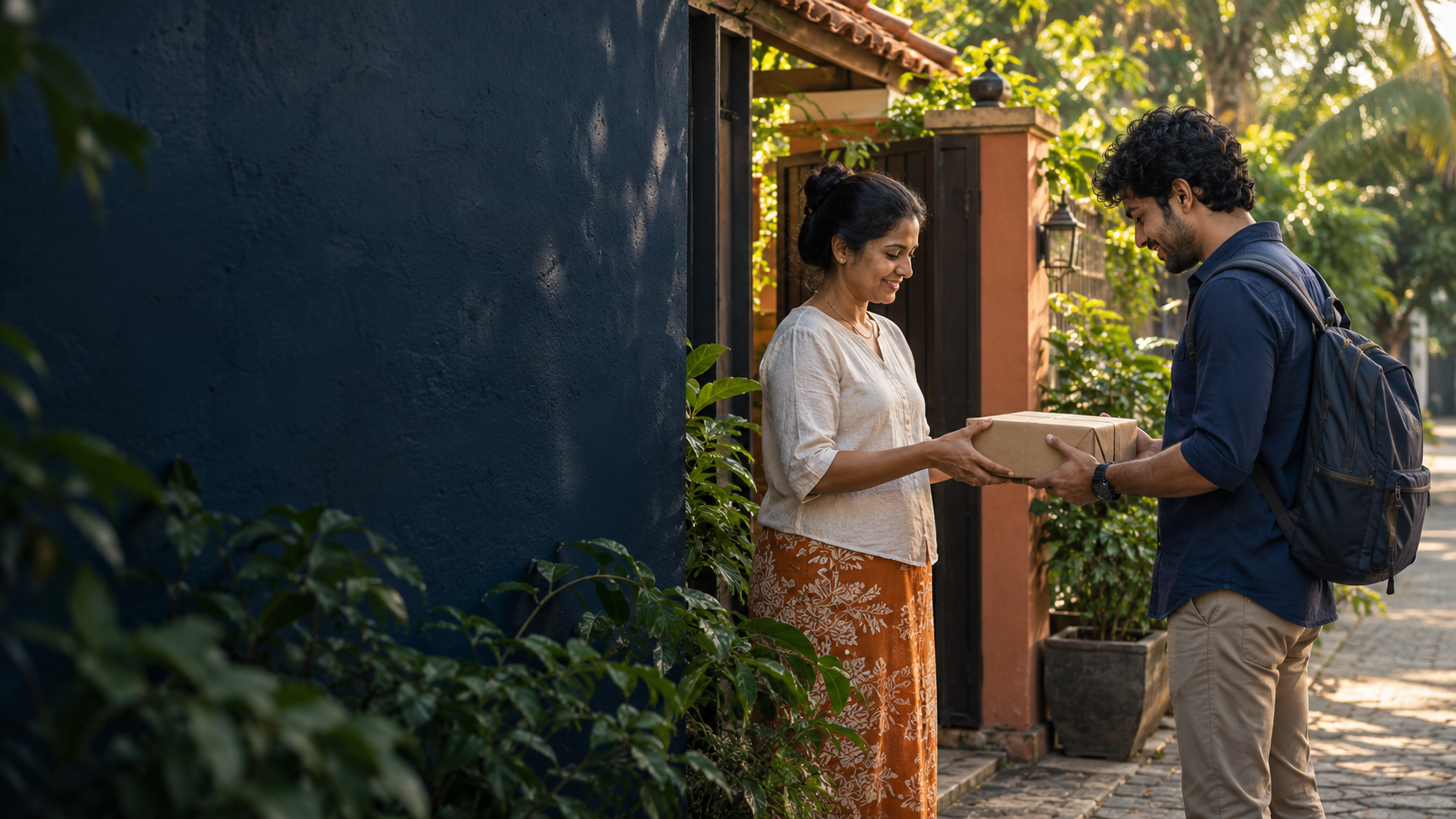 A Sri Lankan sender handing a small parcel to a traveller with a backpack
