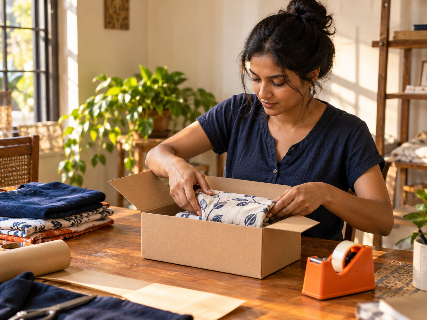 A Sri Lankan small-business owner carefully packing a garment into a parcel at home