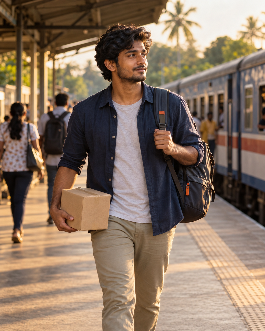 A Sri Lankan traveller carrying a small parcel and backpack along a railway platform